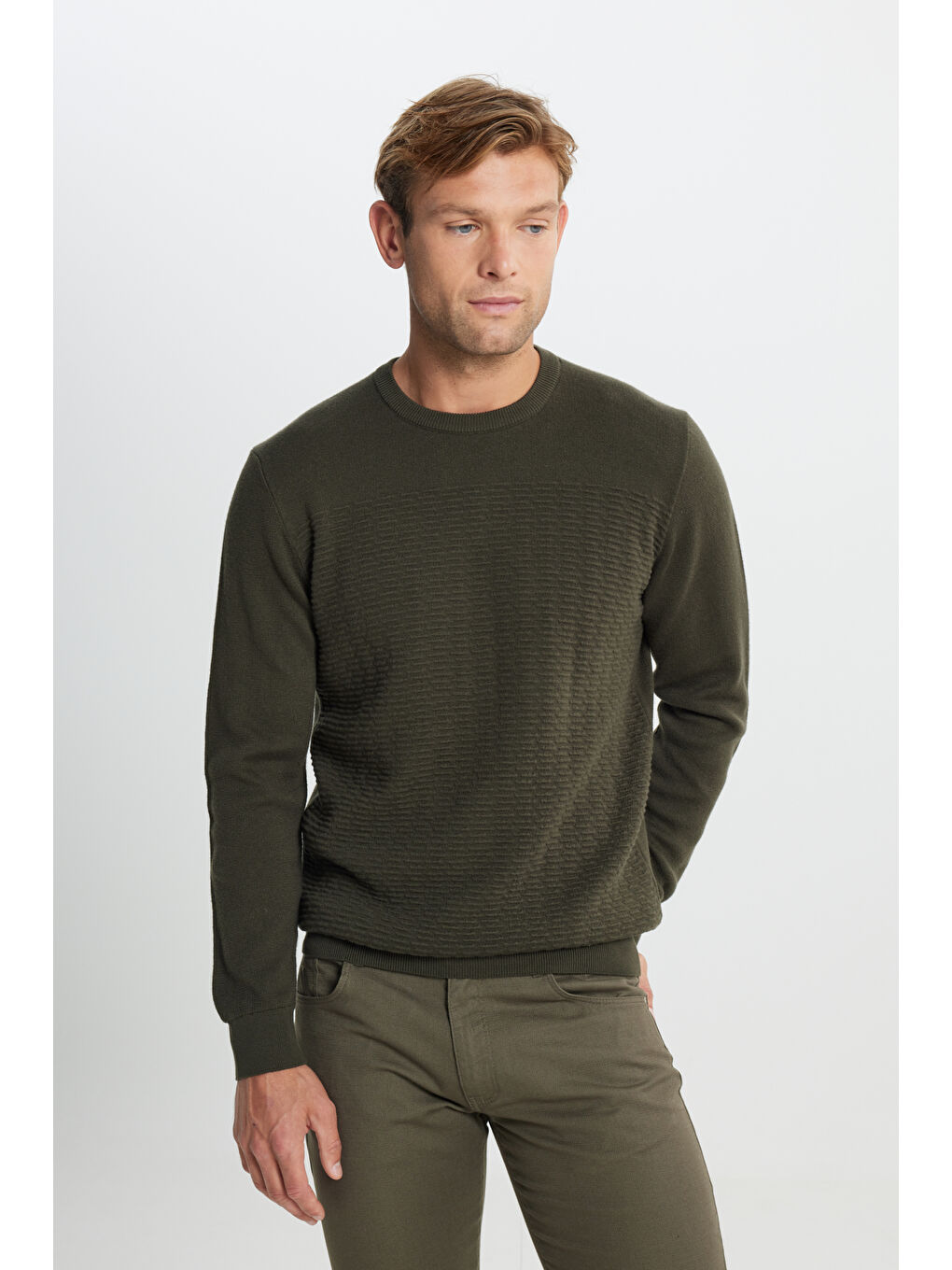 Erkek Haki Pamuklu Standart Fit Normal Kesim Bisiklet Yaka Desenli Triko Kazak-3