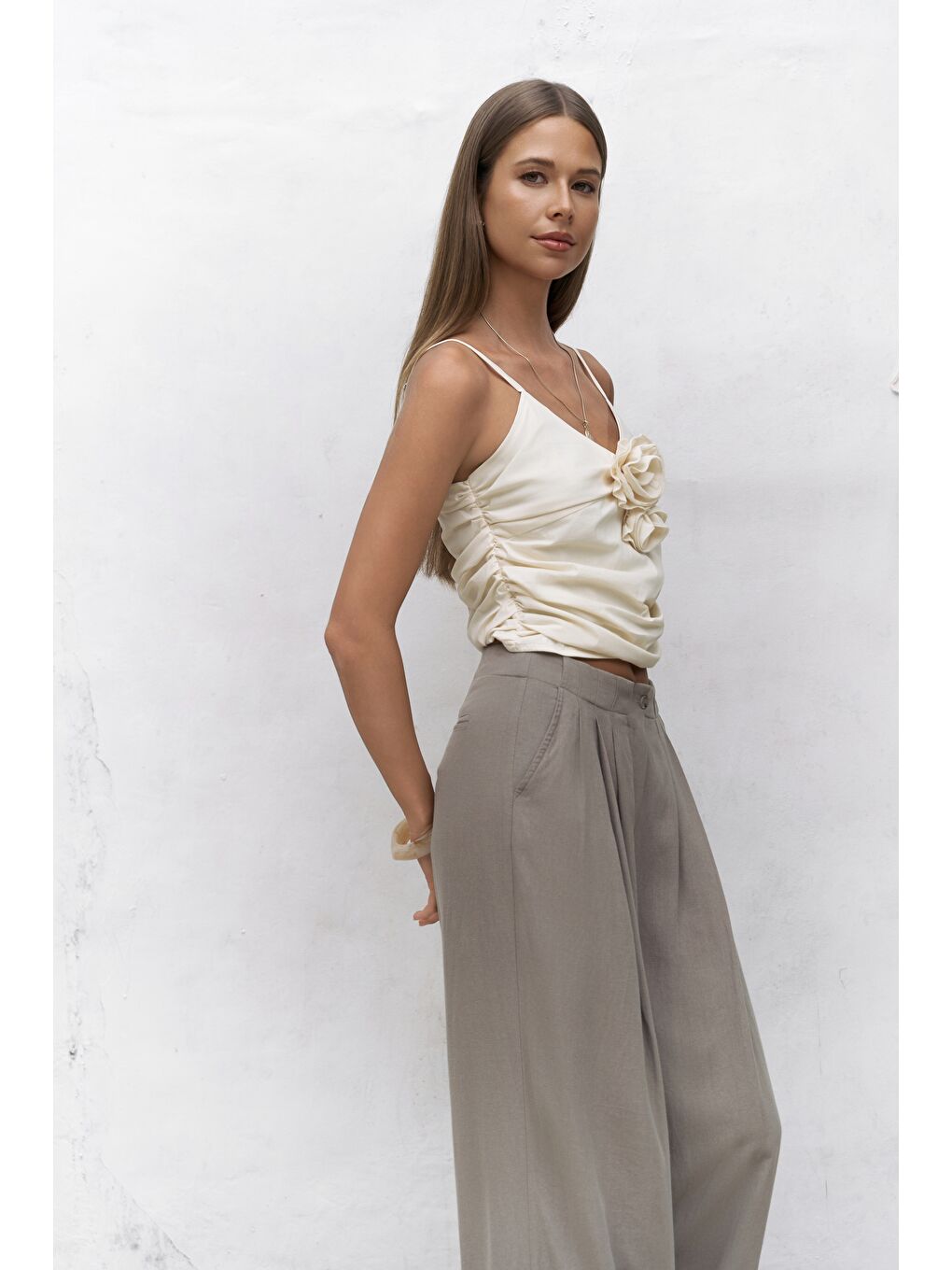 Gri Mahoney Füme Keten Palazzo Pantolon-2