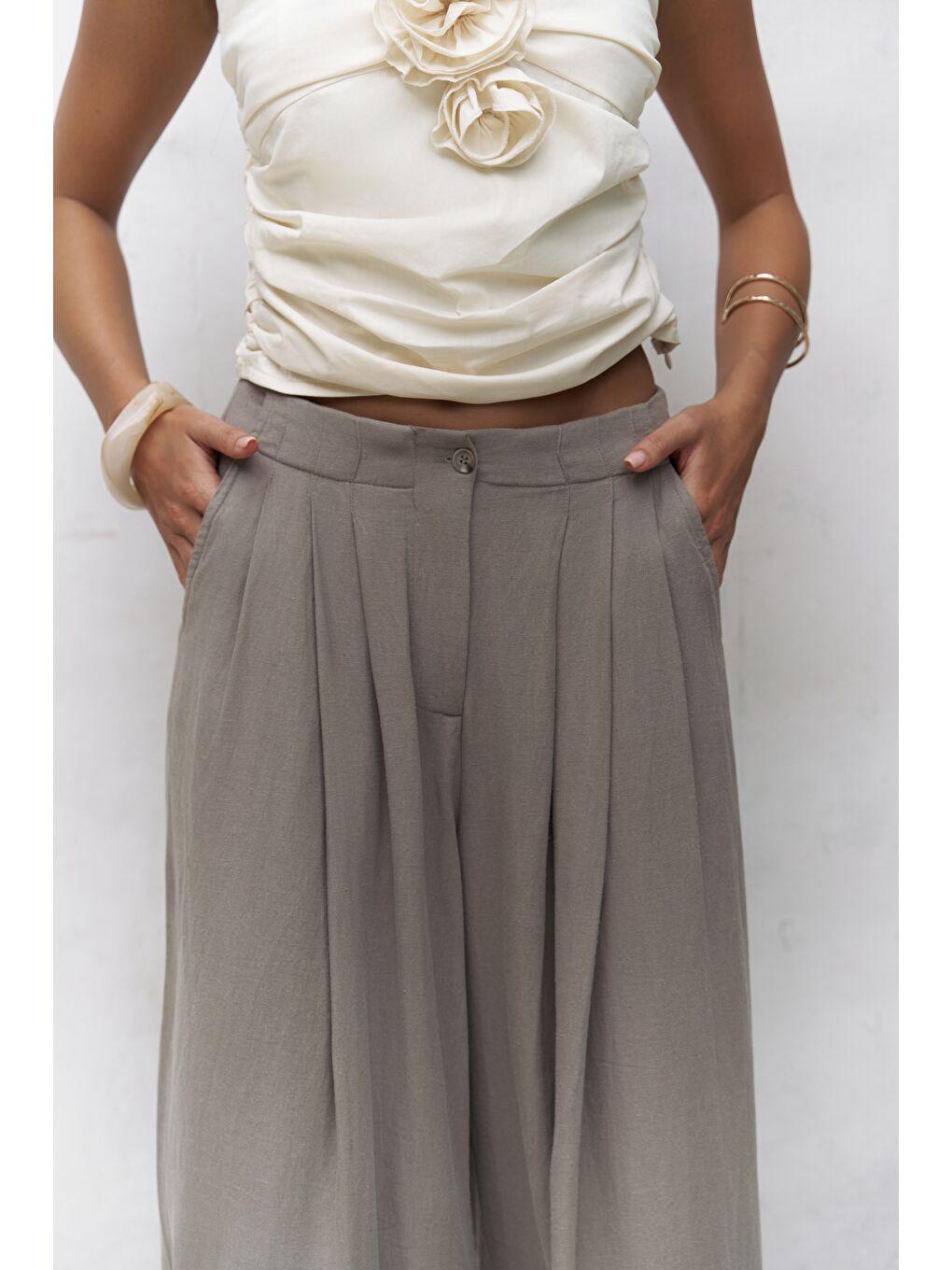 Gri Mahoney Füme Keten Palazzo Pantolon-3