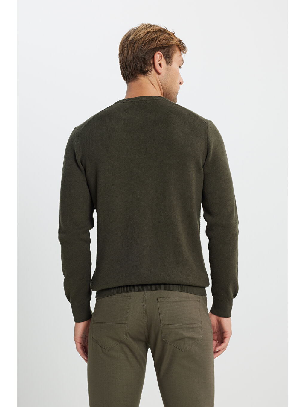 Erkek Haki Pamuklu Standart Fit Normal Kesim Bisiklet Yaka Desenli Triko Kazak-4