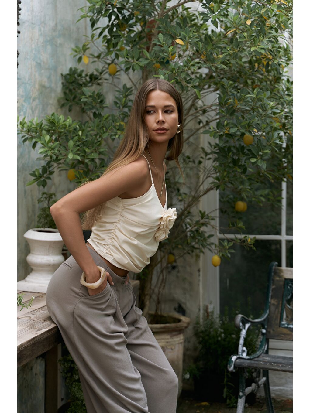 Gri Mahoney Füme Keten Palazzo Pantolon-6