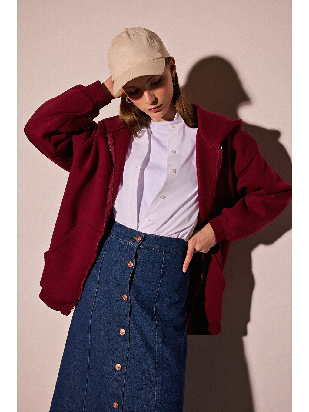 Bordo Kapüşonlu Örme Ceket-3