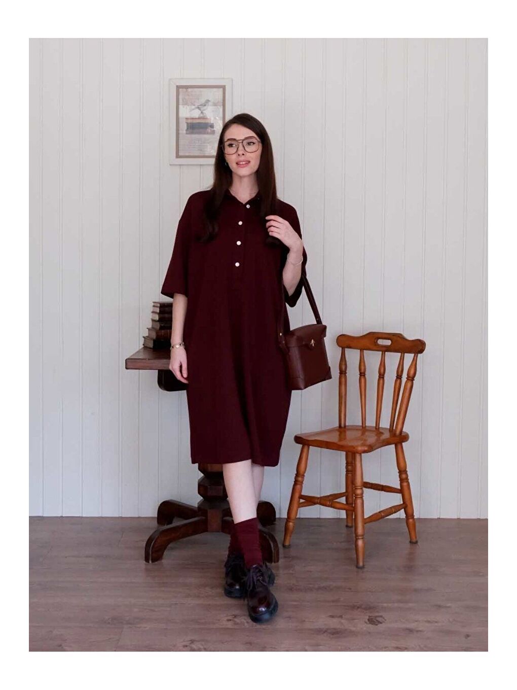 Bordo Düğme Detay Midi Elbise-1