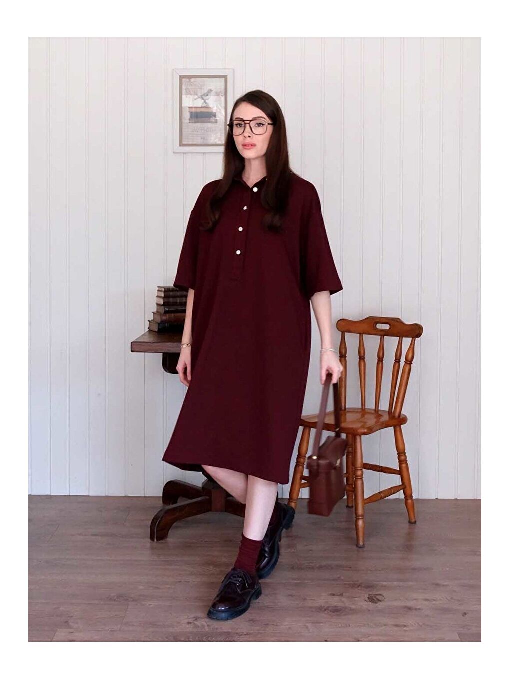 Bordo Düğme Detay Midi Elbise-2