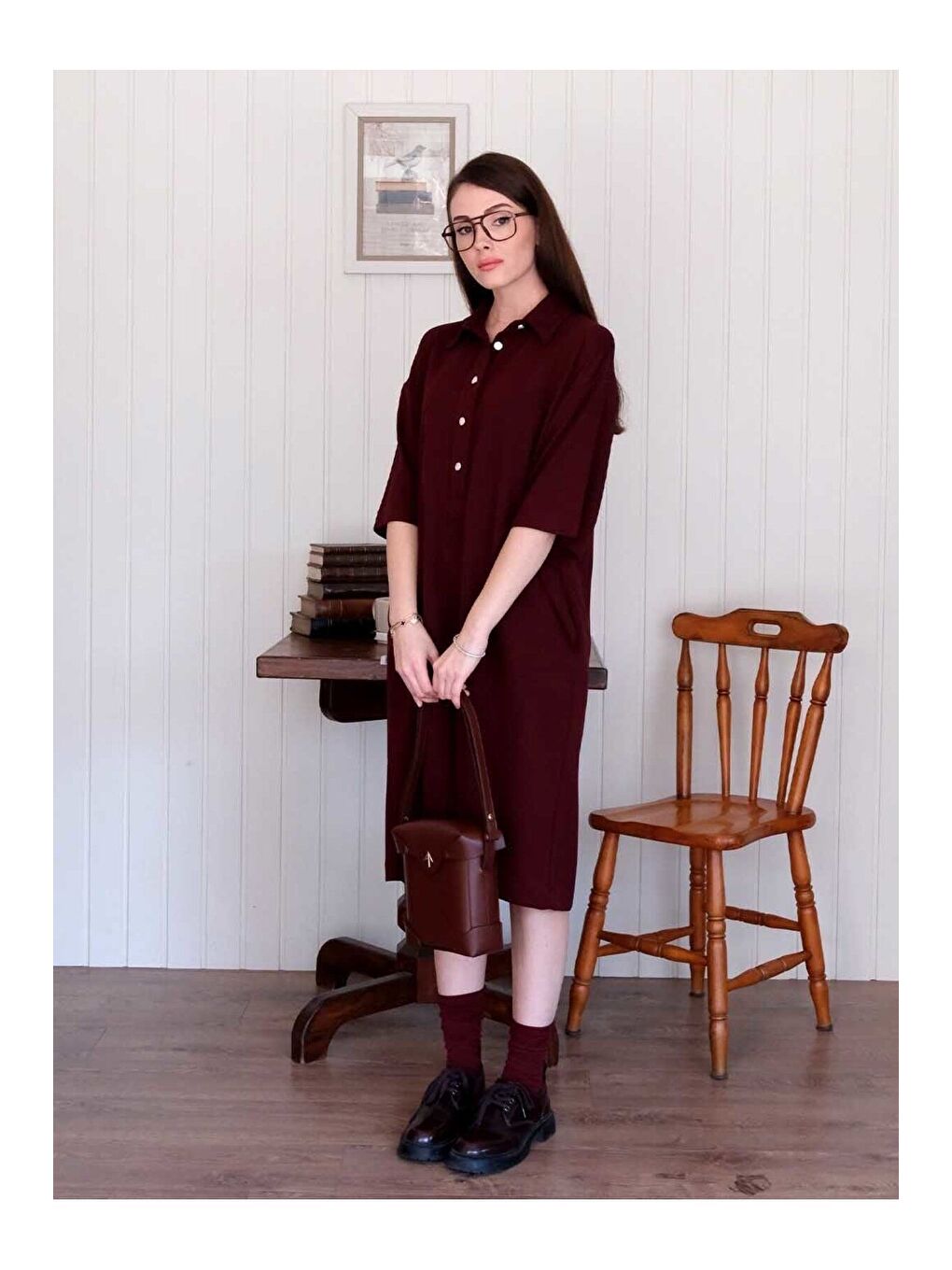Bordo Düğme Detay Midi Elbise-3