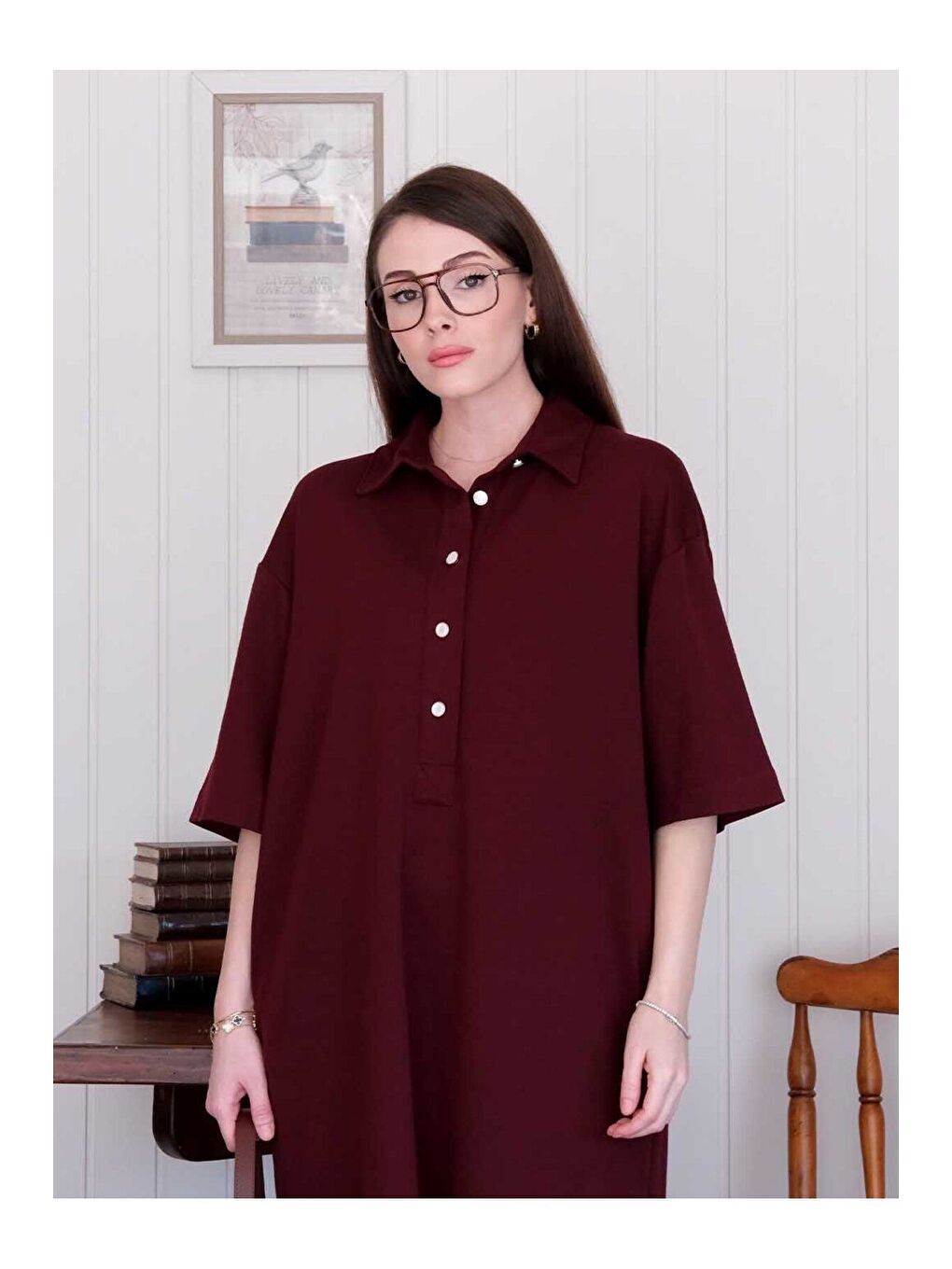 Bordo Düğme Detay Midi Elbise-4