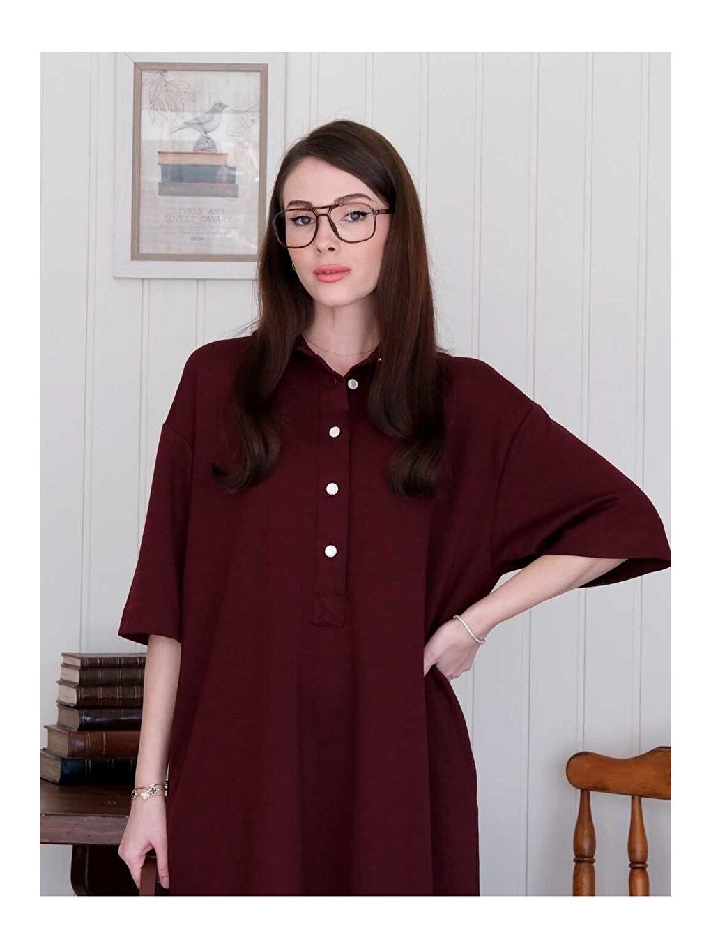 Bordo Düğme Detay Midi Elbise-5