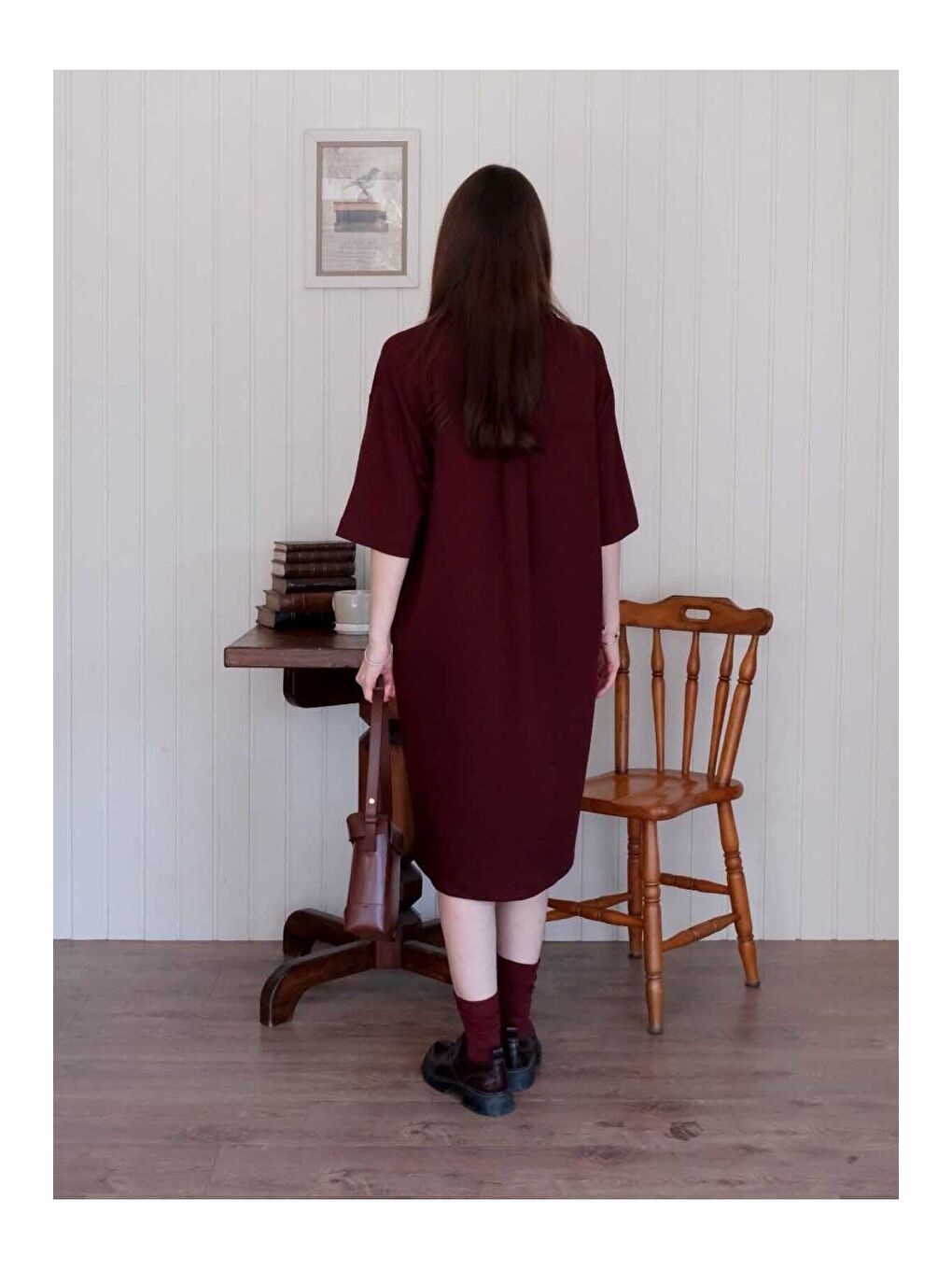 Bordo Düğme Detay Midi Elbise-6