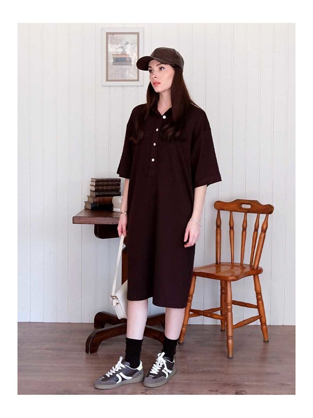 Kahverengi Acı Kahve Düğme Detay Midi Elbise-1