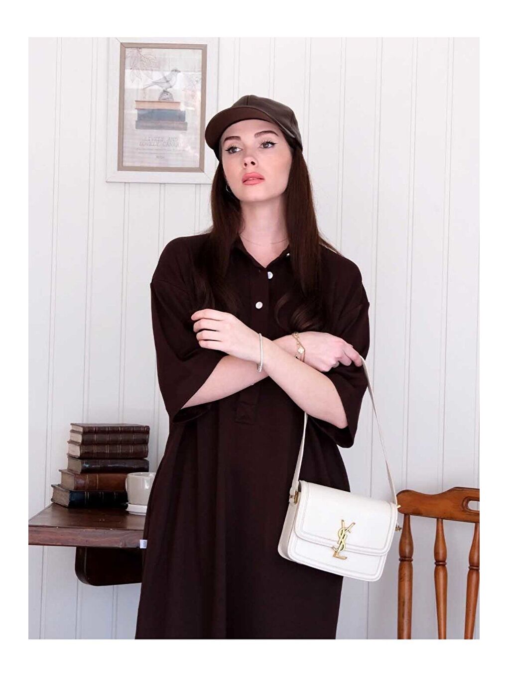 Kahverengi Acı Kahve Düğme Detay Midi Elbise-2