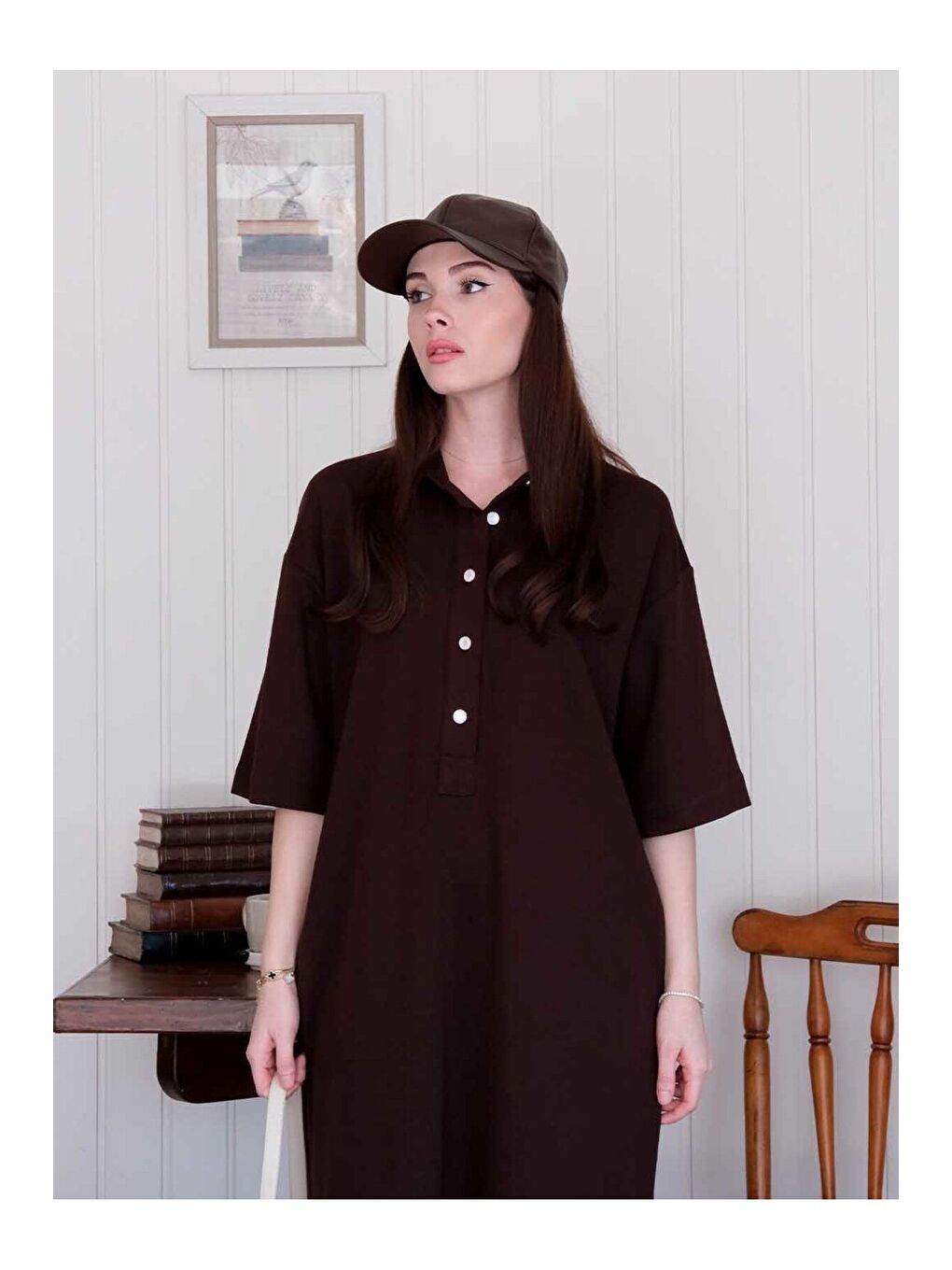 Kahverengi Acı Kahve Düğme Detay Midi Elbise-3