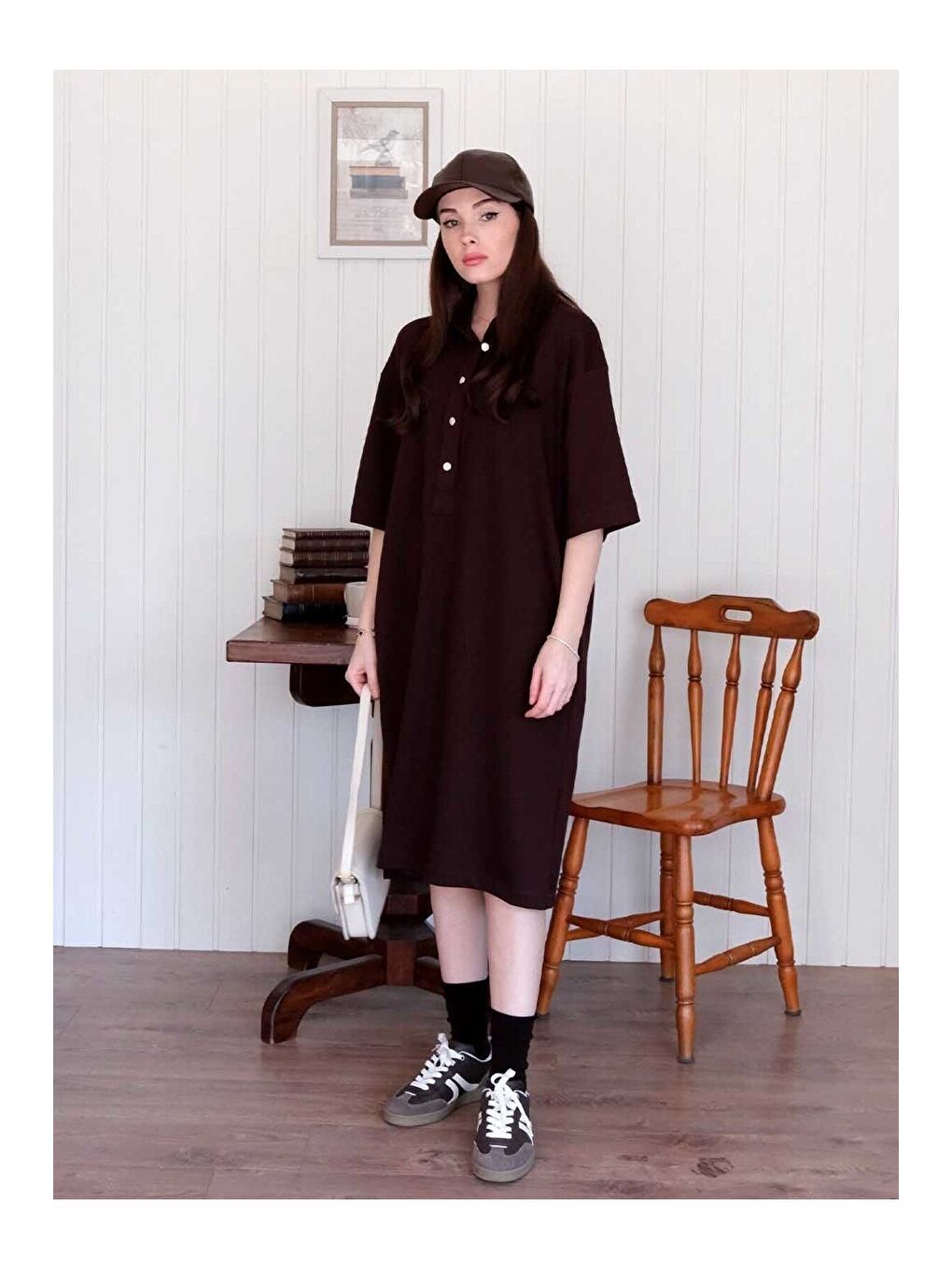 Kahverengi Acı Kahve Düğme Detay Midi Elbise-4
