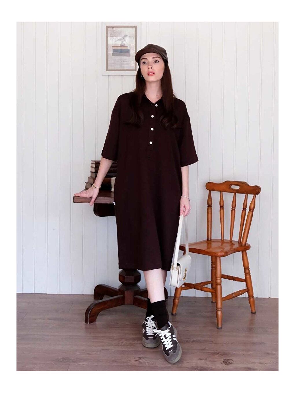 Kahverengi Acı Kahve Düğme Detay Midi Elbise-5