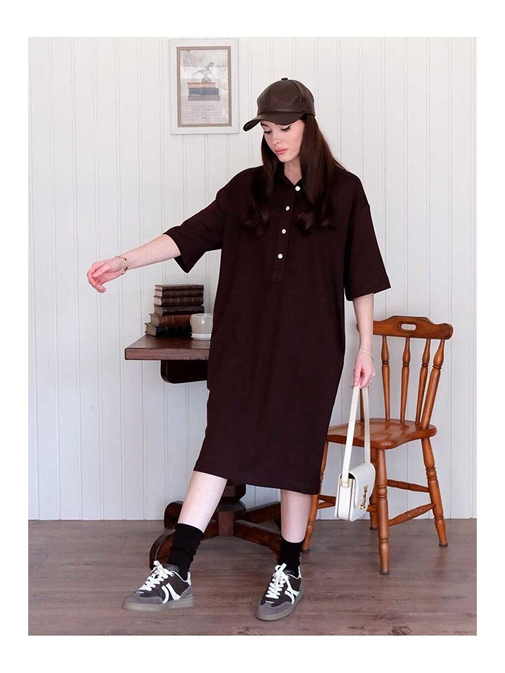 Kahverengi Acı Kahve Düğme Detay Midi Elbise-6