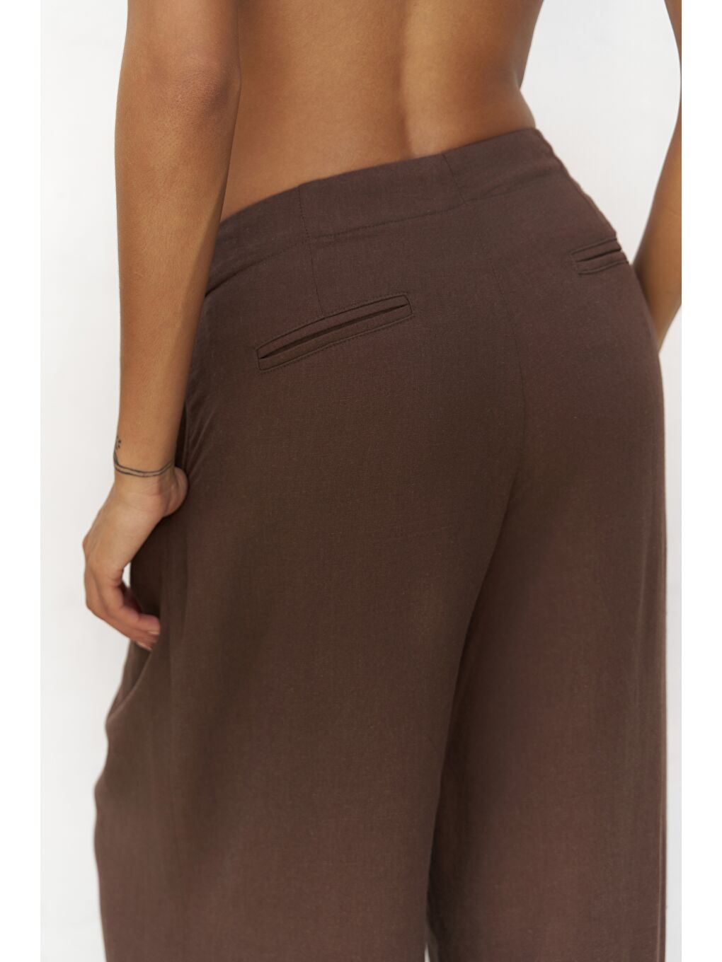 Kahverengi Mahoney Kahve Keten Palazzo Pantolon-3