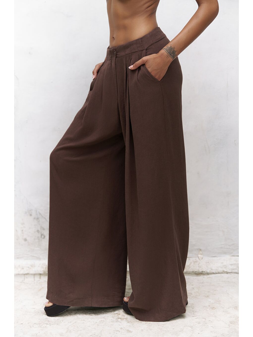 Kahverengi Mahoney Kahve Keten Palazzo Pantolon-2