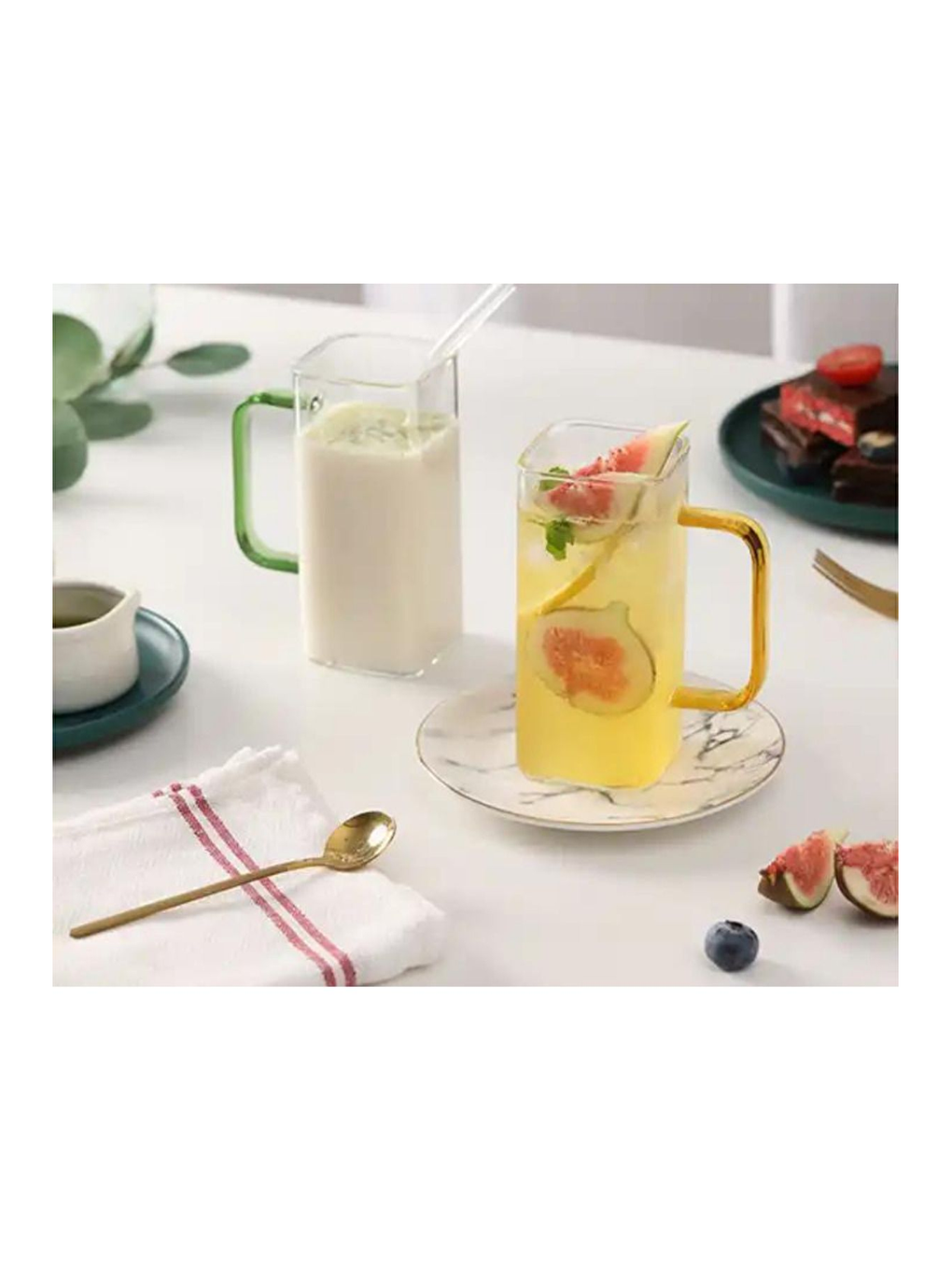 Renksiz Kare Cam Sarı Kulplu Su Bardağı 350 ml 3 Adet-2