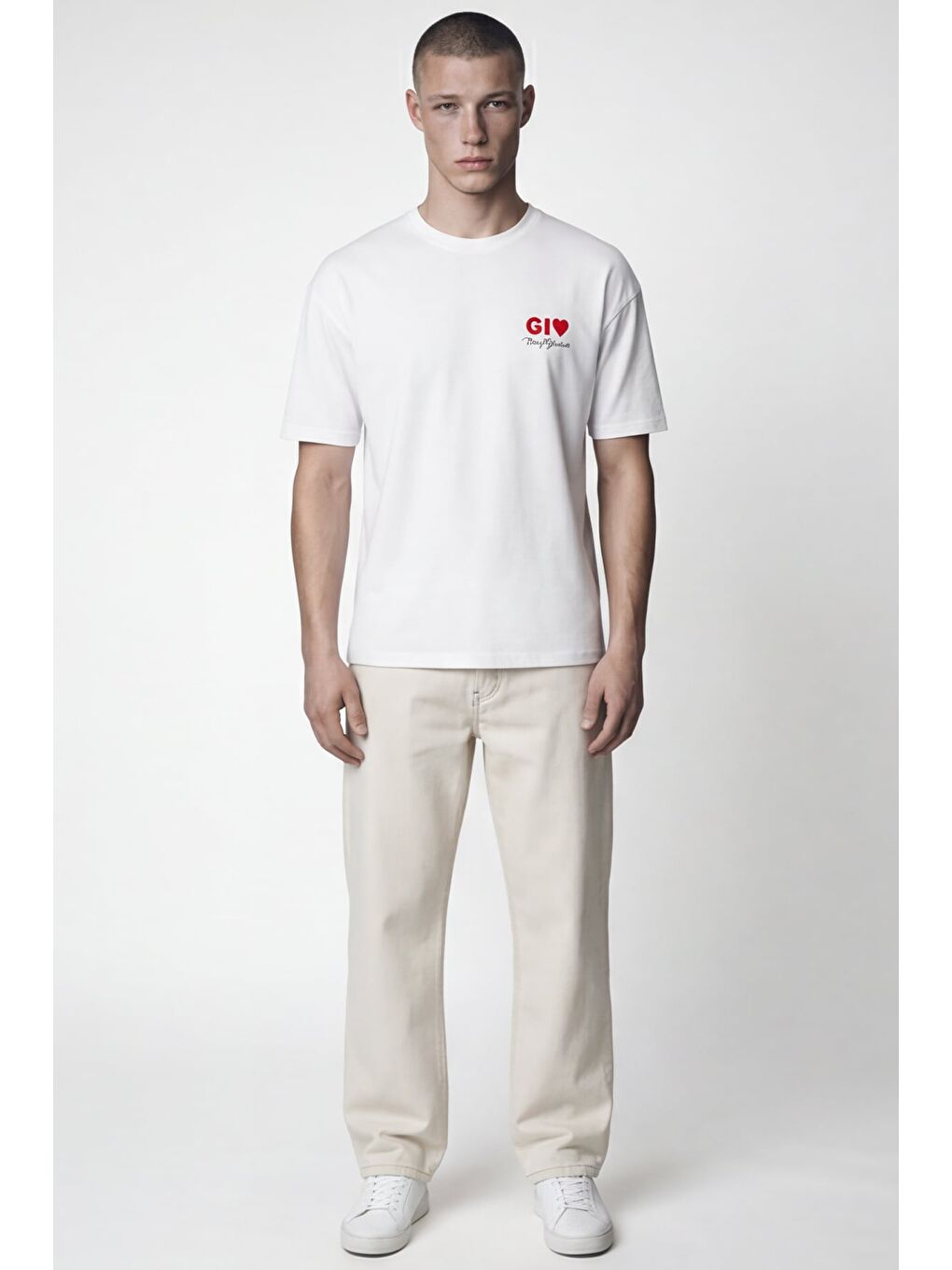 Giotelli Erkek Ekru Geniş Kesim Oversize Fit Kısa Kollu Bisiklet Yaka Tişört-1