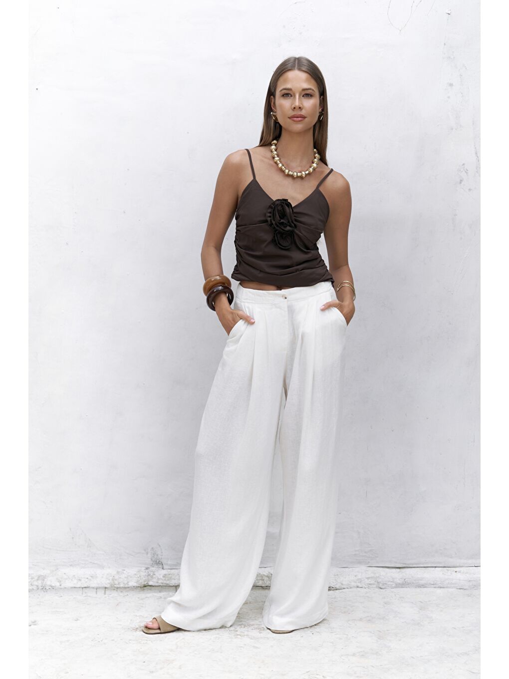 Mahoney Ekru Keten Palazzo Pantolon-1