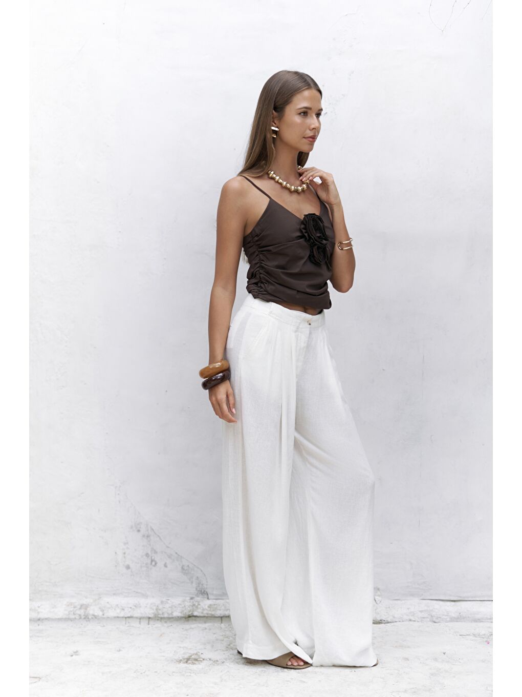 Mahoney Ekru Keten Palazzo Pantolon-2