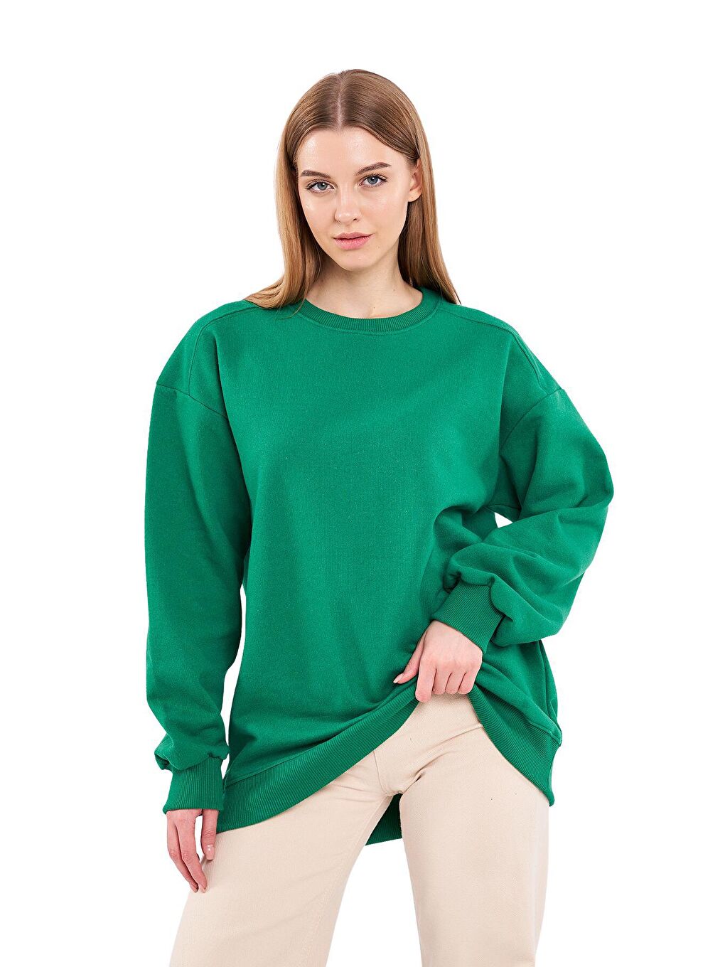 MMETALIC Yeşil Kadın Pamuklu Oversize Basic Bisiklet Yaka Sweatshirt