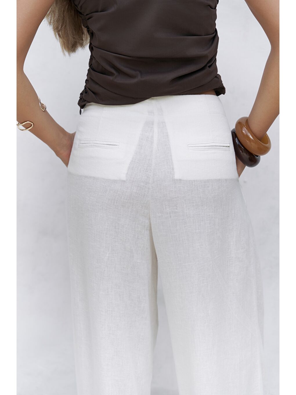 Mahoney Ekru Keten Palazzo Pantolon-3