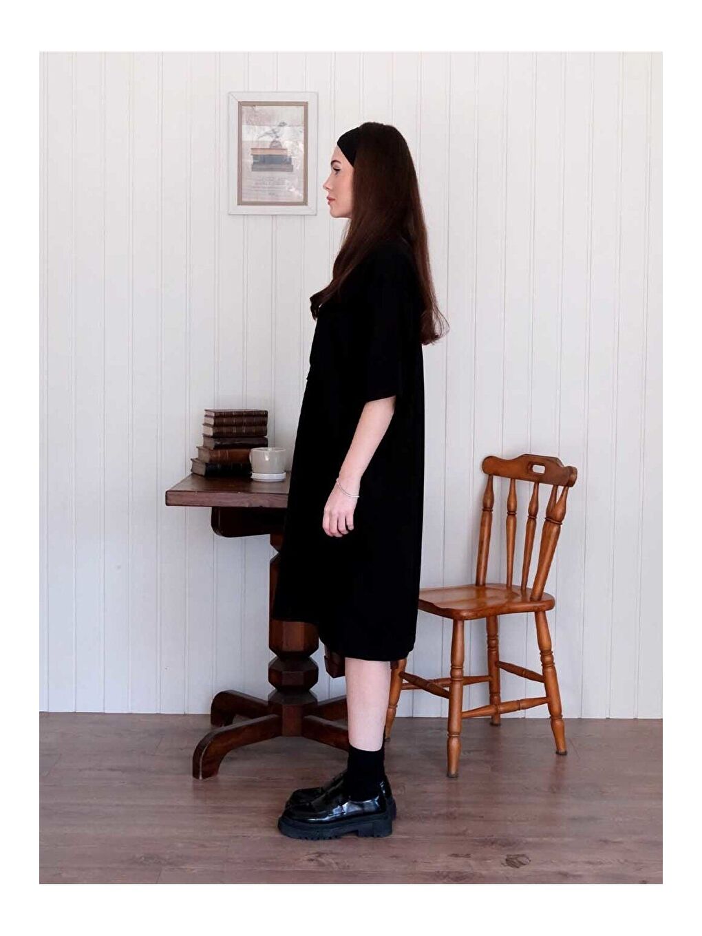 Siyah Düğme Detay Midi Elbise-3