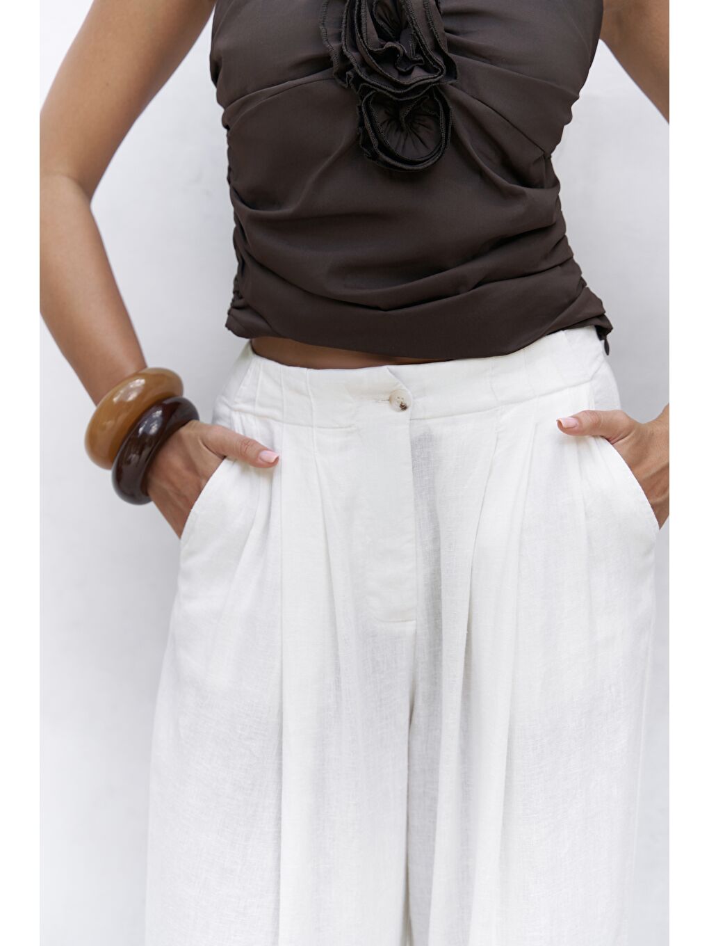 Mahoney Ekru Keten Palazzo Pantolon-4
