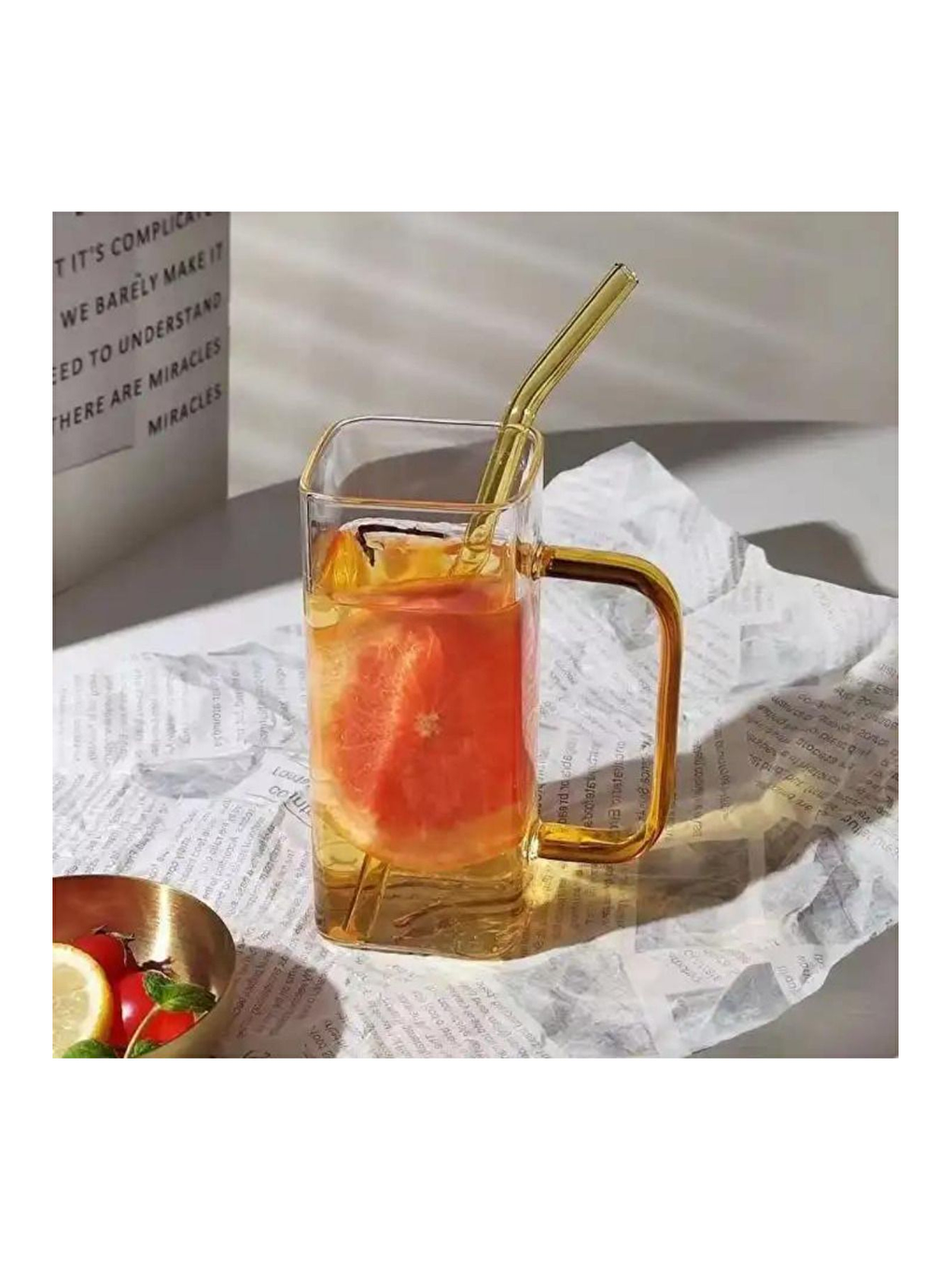 Renksiz Kare Cam Sarı Kulplu Su Bardağı 350 ml 3 Adet-3