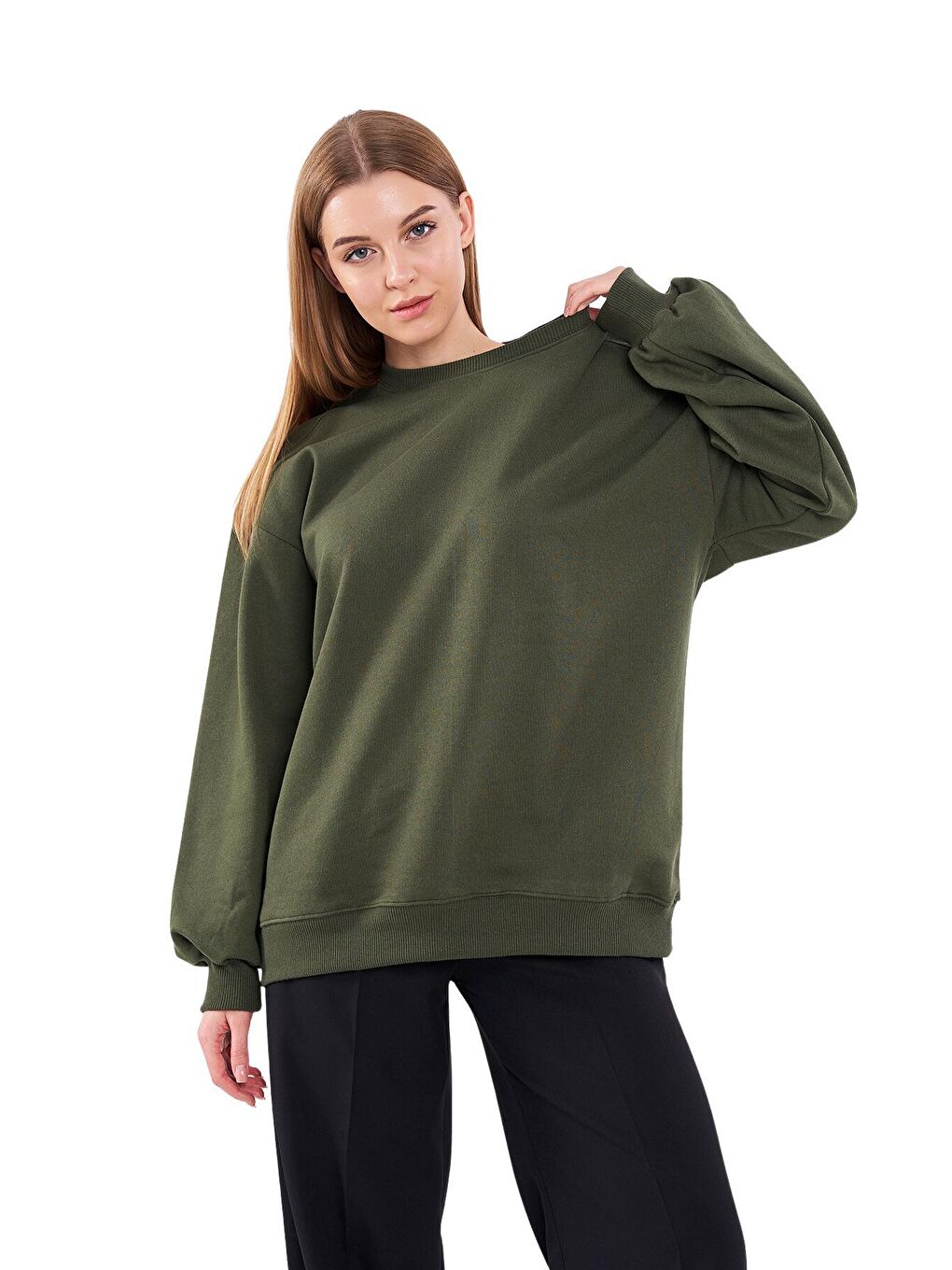 MMETALIC Haki Kadın Pamuklu Oversize Basic Bisiklet Yaka  Sweatshirt