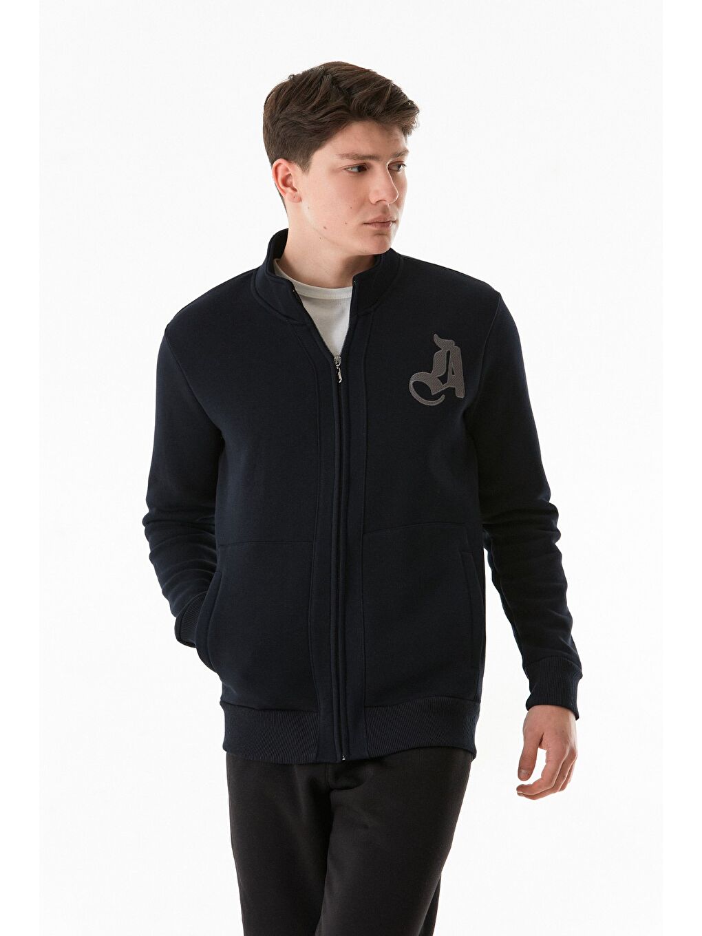 Lacivert 3 İplik Harf Baskılı  Dik Yaka Fermuarlı Sweatshirt-1