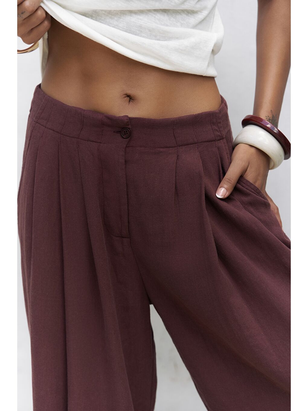 Mahoney Bordo Keten Palazzo Pantolon-4