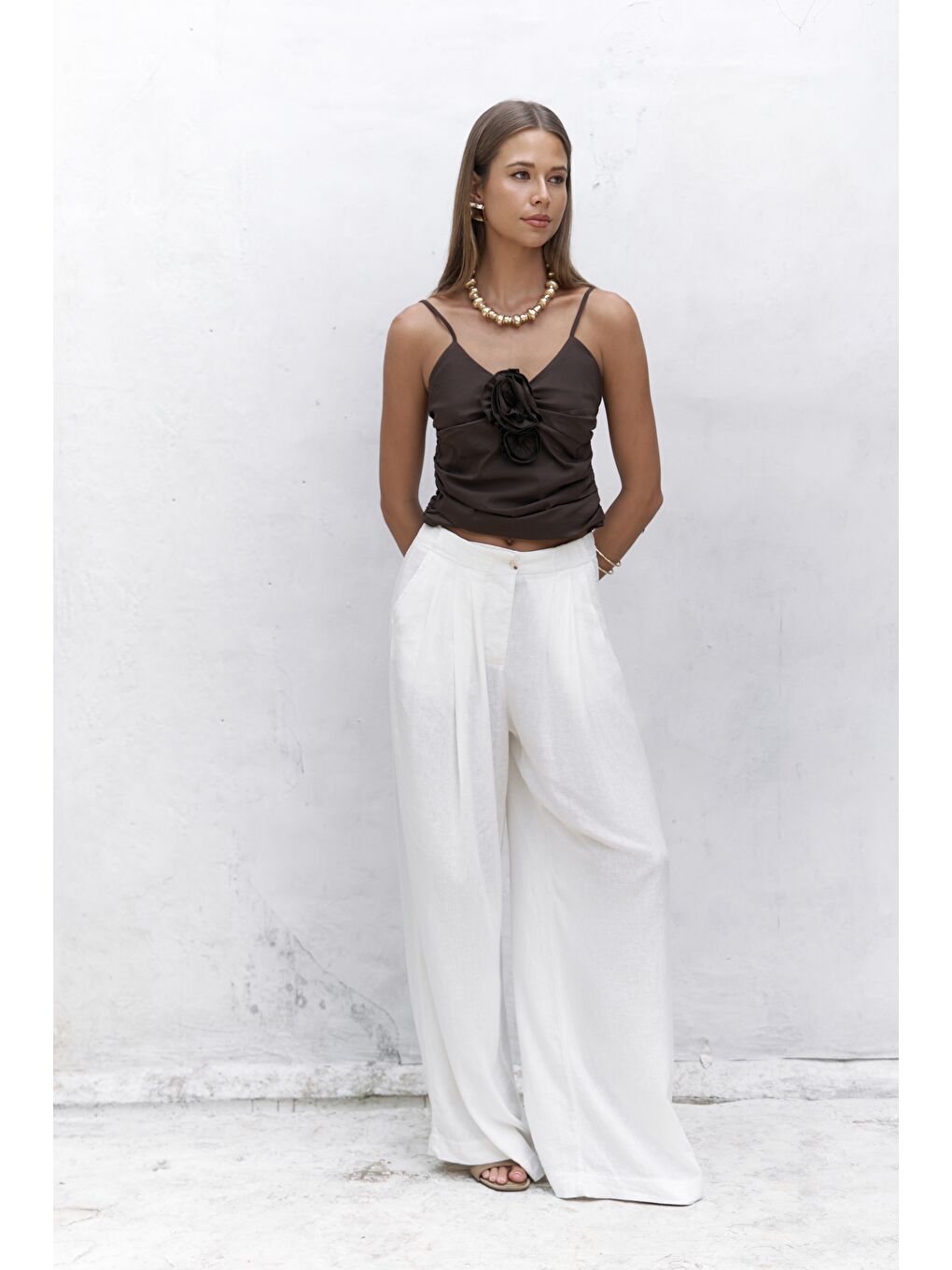 Mahoney Ekru Keten Palazzo Pantolon-6