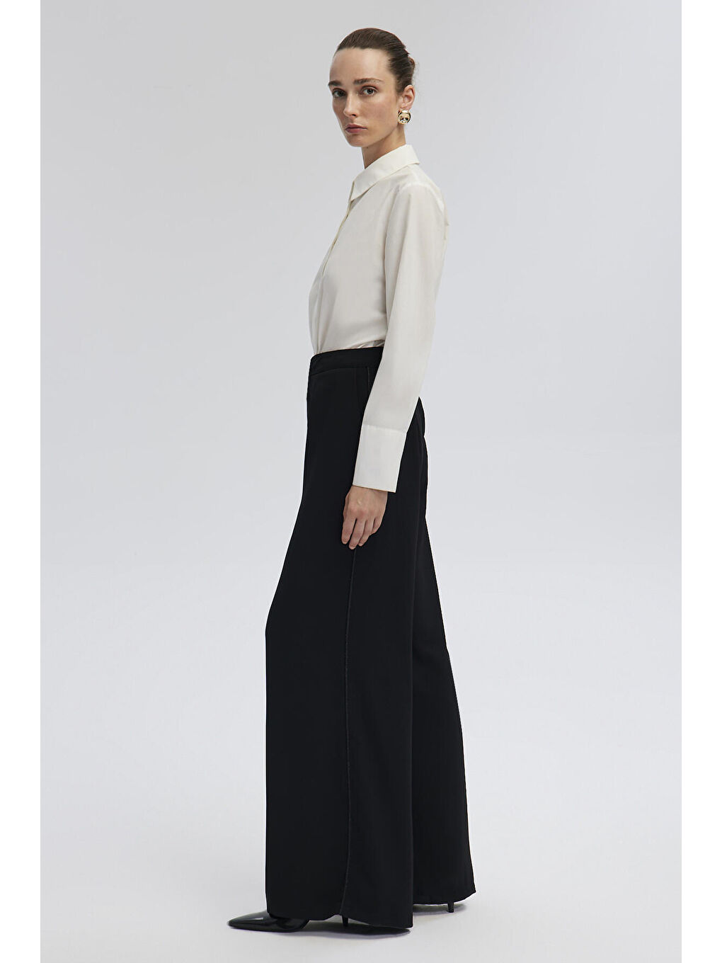 Siyah Bol Paça Krep Pantolon-3