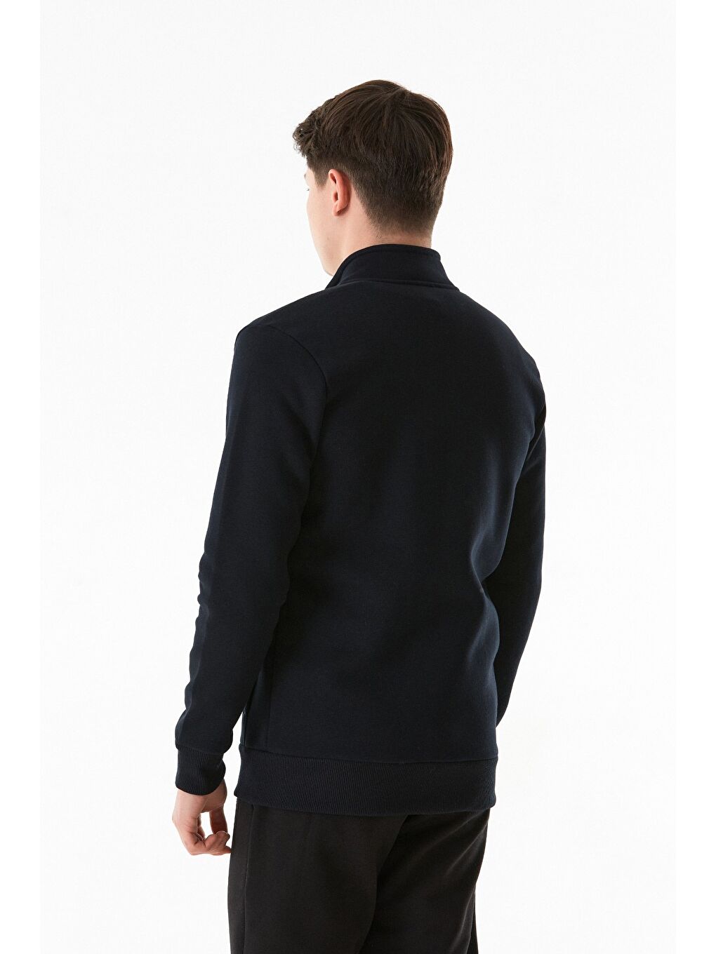 Lacivert 3 İplik Harf Baskılı  Dik Yaka Fermuarlı Sweatshirt-4