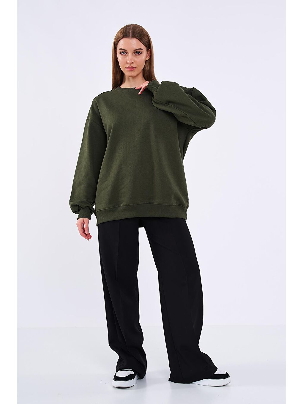 MMETALIC Haki Kadın Pamuklu Oversize Basic Bisiklet Yaka  Sweatshirt - 1