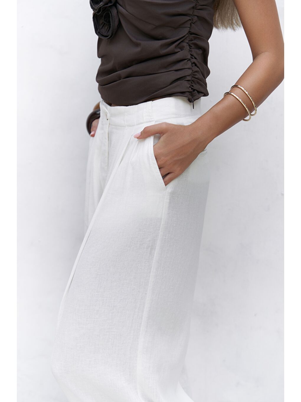 Mahoney Ekru Keten Palazzo Pantolon-7
