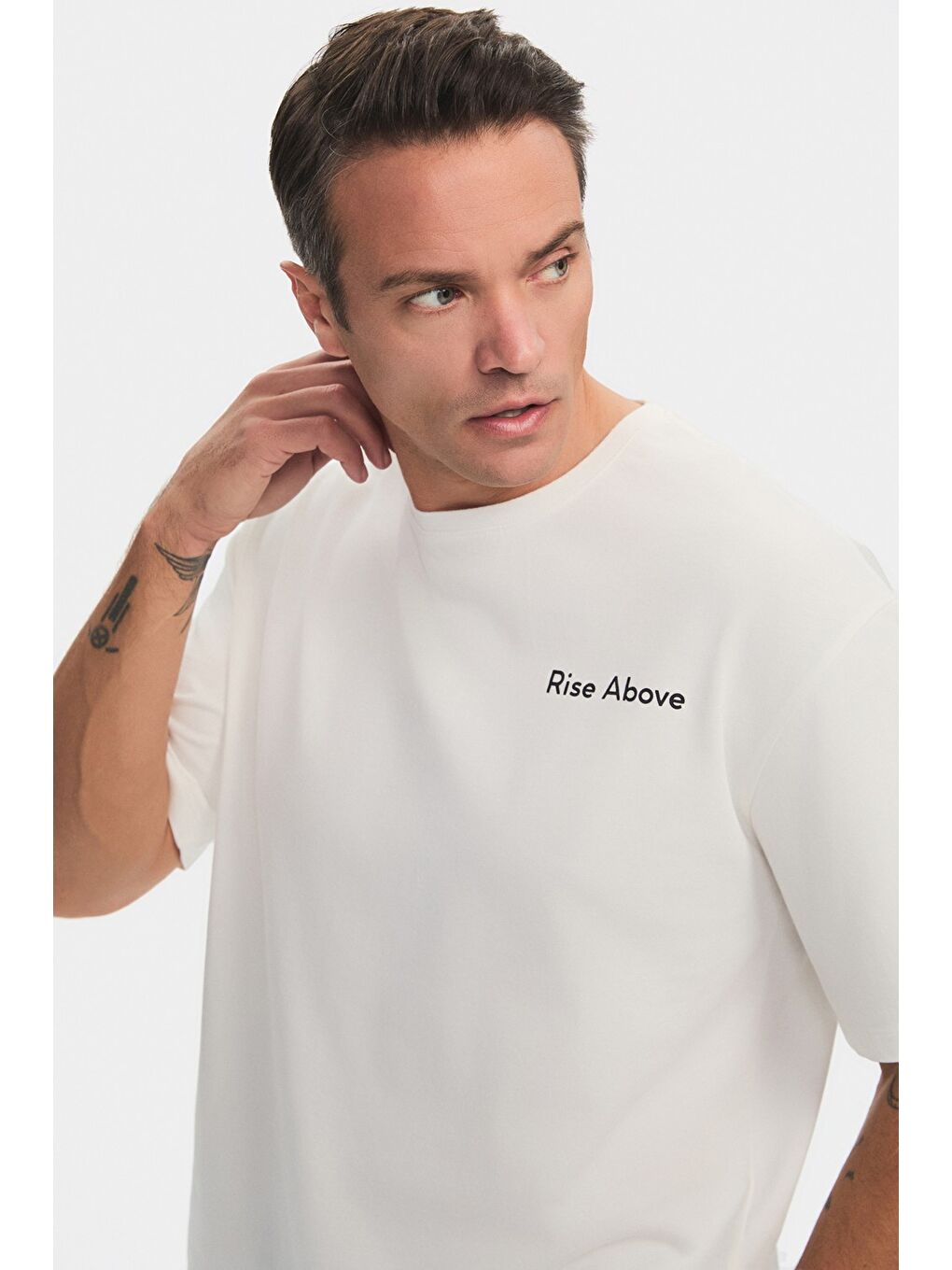 Beyaz Erkek Oversize Slogan Baskılı Kalın Dokulu Tişört-1