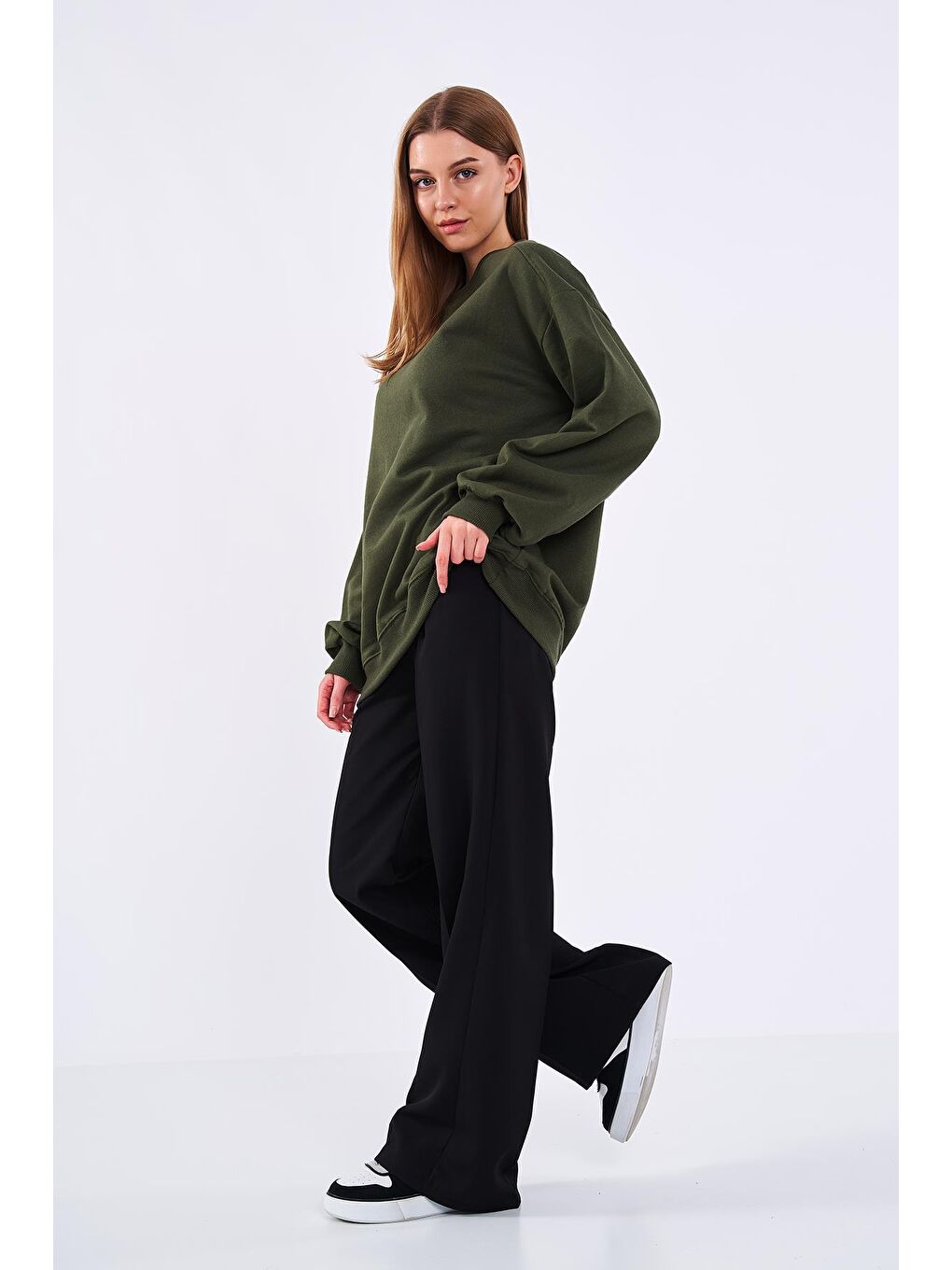 MMETALIC Haki Kadın Pamuklu Oversize Basic Bisiklet Yaka  Sweatshirt - 2