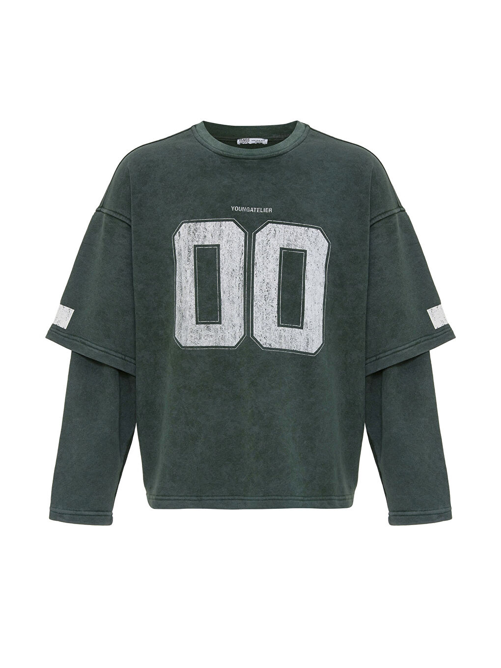 Yeşil Bisiklet Yaka Çift Kol Detaylı Oversize Erkek Sweatshirt