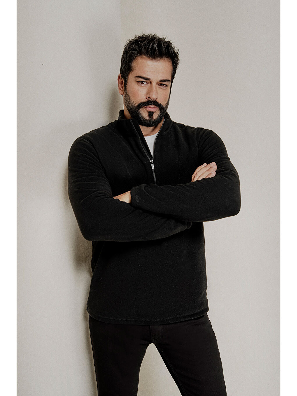 Erkek Siyah Anti-Pilling Tüylenme Yapmayan Standart Fit Dik Yaka Polar Sweatshirt-1