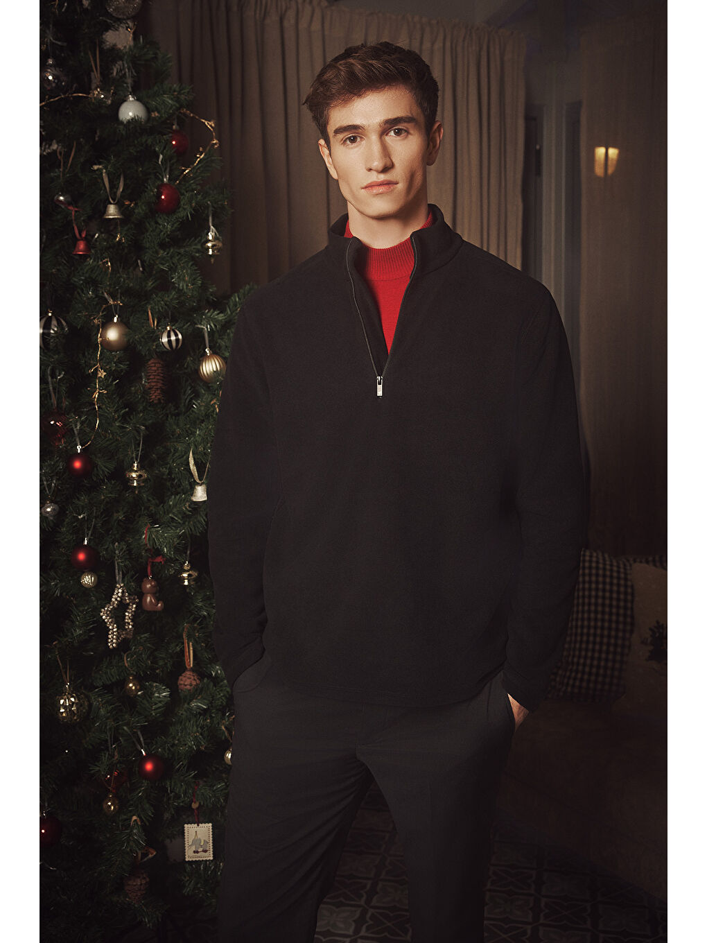 Erkek Siyah Anti-Pilling Tüylenme Yapmayan Standart Fit Dik Yaka Polar Sweatshirt-2