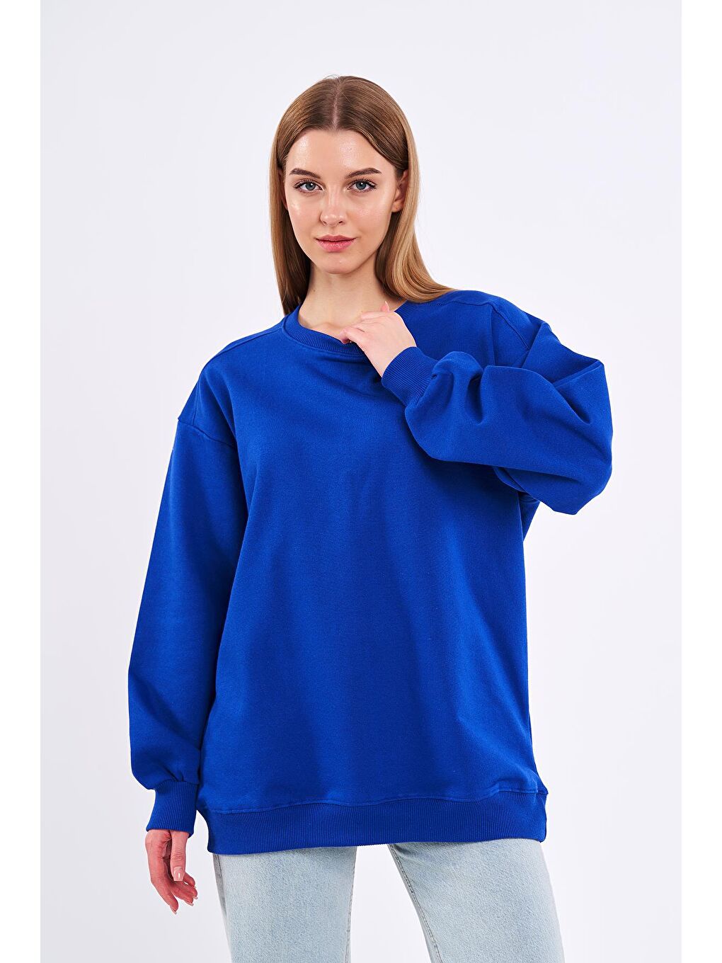 MMETALIC Saks Kadın Pamuklu Oversize Basic Bisiklet Yaka  Sweatshirt - 1