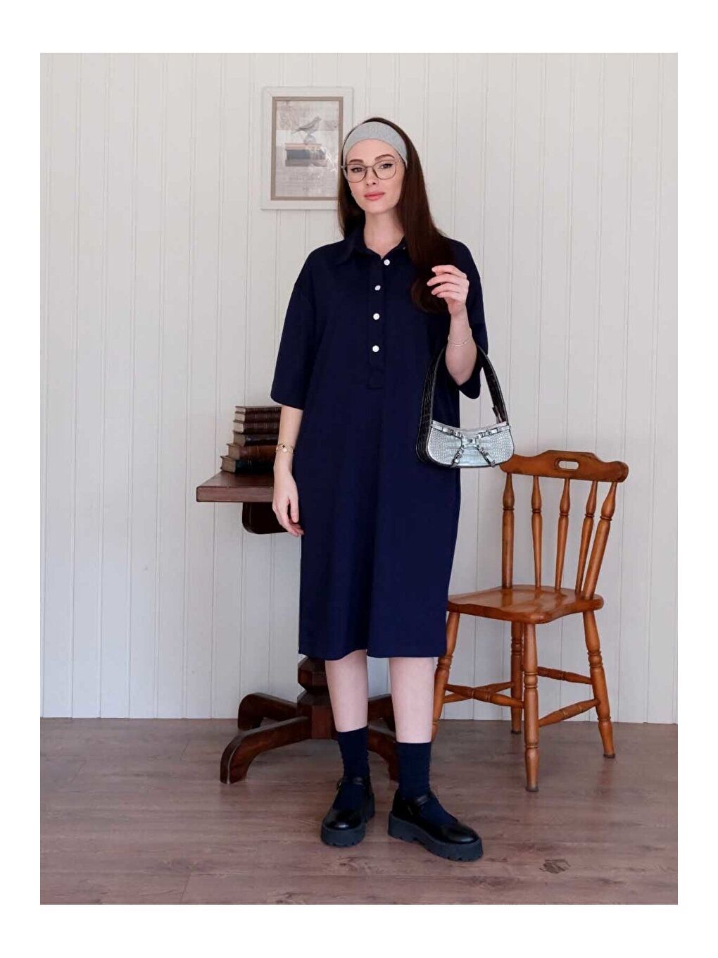 Lacivert Düğme Detay Midi Elbise