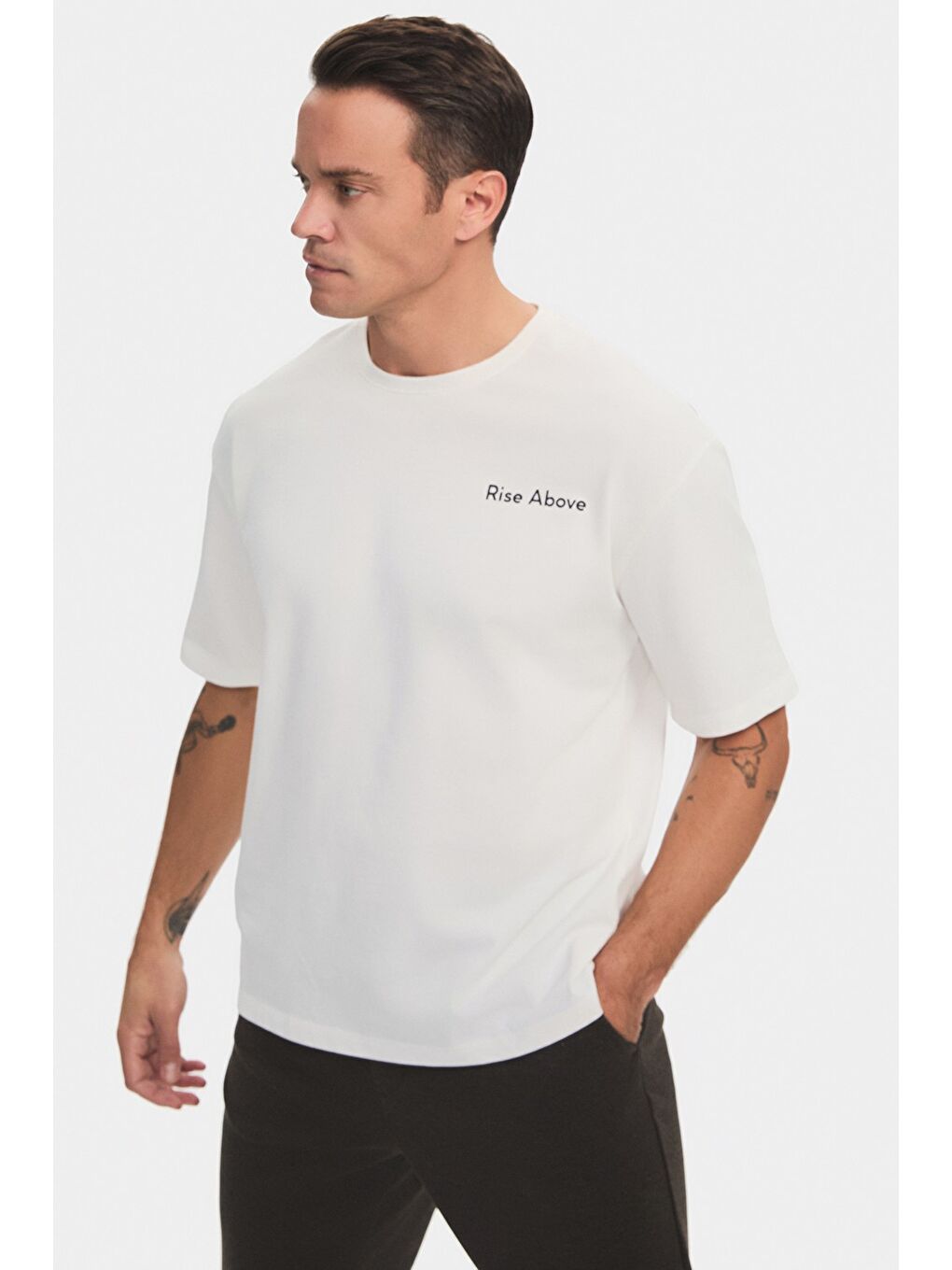 Beyaz Erkek Oversize Slogan Baskılı Kalın Dokulu Tişört-2