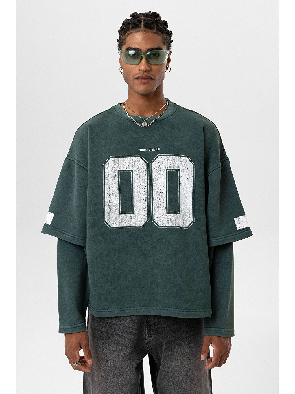 Yeşil Bisiklet Yaka Çift Kol Detaylı Oversize Erkek Sweatshirt-1