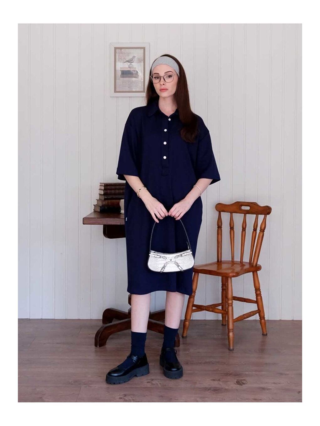 Lacivert Düğme Detay Midi Elbise-1