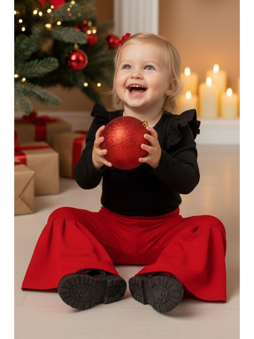 Kız Bebek Kırmızı İspanyol Paça Yüksek Bel Lastikli Tayt Pantolon-1