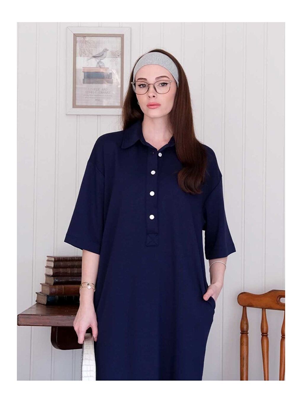 Lacivert Düğme Detay Midi Elbise-2