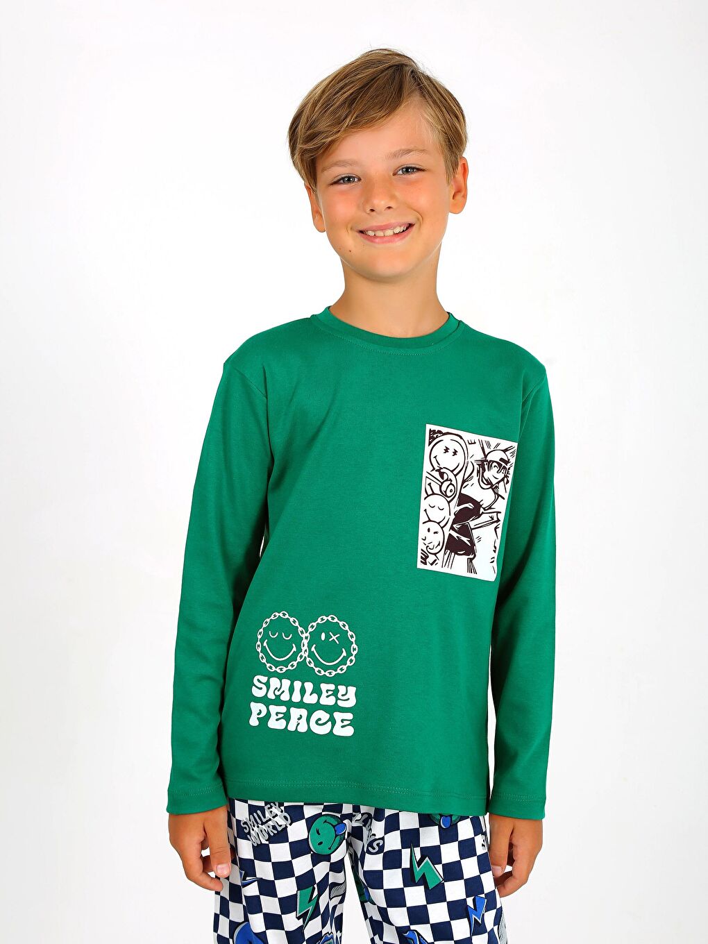 Yeşil Erkek Çocuk Uzun Kollu %100 Pamuklu Pijama Takımı Peace
